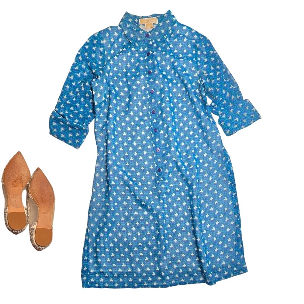 Michael Kors Blue Scallop Print 3/4 Sleeve Shirt Dress Lace Trim M